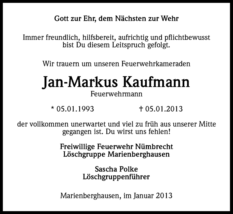 Traueranzeige für Jan-Markus Kaufmann vom 12.01.2013 aus Kölner Stadt-Anzeiger / Kölnische Rundschau / Express