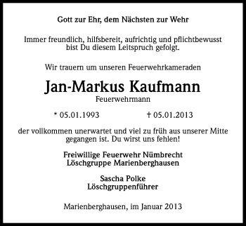 Anzeige von Jan-Markus Kaufmann von Kölner Stadt-Anzeiger / Kölnische Rundschau / Express