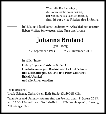 Anzeige von Johanna Bruland von Kölner Stadt-Anzeiger / Kölnische Rundschau / Express
