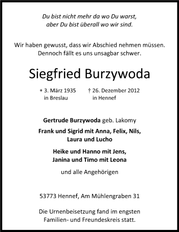 Anzeige von Siegfried Burzywoda von Kölner Stadt-Anzeiger / Kölnische Rundschau / Express