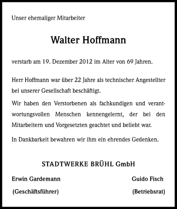Anzeige von Walter Hoffmann von Kölner Stadt-Anzeiger / Kölnische Rundschau / Express