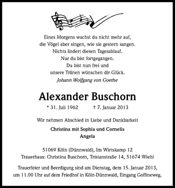 Anzeige von Alexander Buschorn von Kölner Stadt-Anzeiger / Kölnische Rundschau / Express
