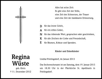 Anzeige von Regina Wüste von Kölner Stadt-Anzeiger / Kölnische Rundschau / Express