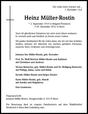 Anzeige von Heinz Müller-Rostin von Kölner Stadt-Anzeiger / Kölnische Rundschau / Express