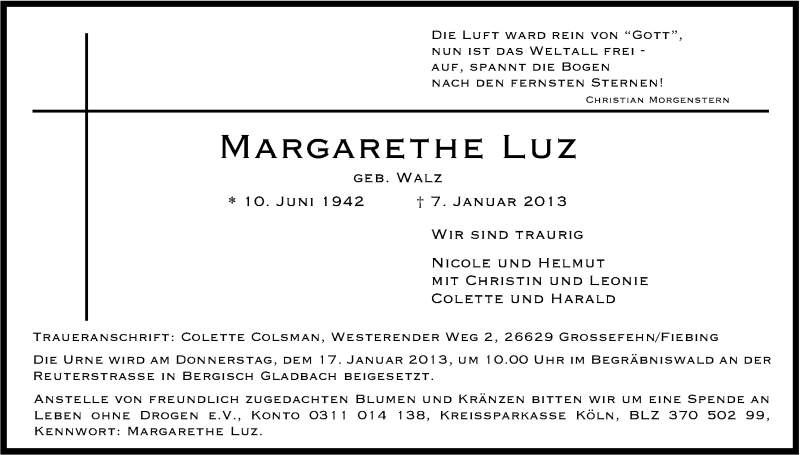  Traueranzeige für Margarethe Luz vom 12.01.2013 aus Kölner Stadt-Anzeiger / Kölnische Rundschau / Express
