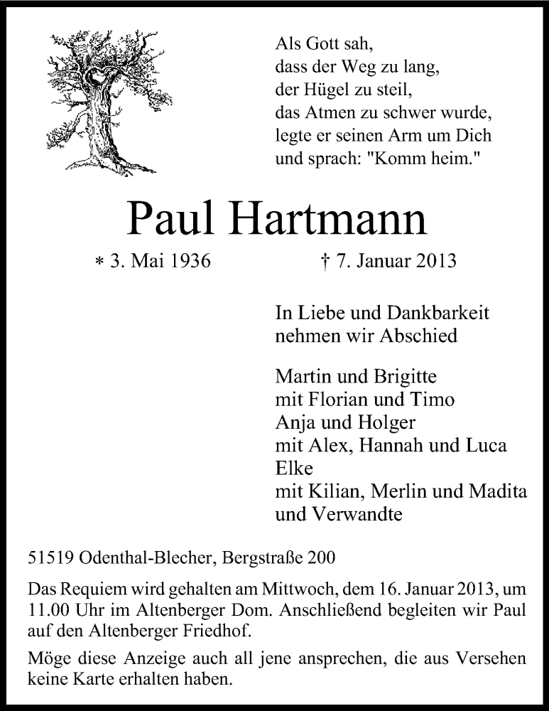  Traueranzeige für Paul Hartmann vom 12.01.2013 aus Kölner Stadt-Anzeiger / Kölnische Rundschau / Express
