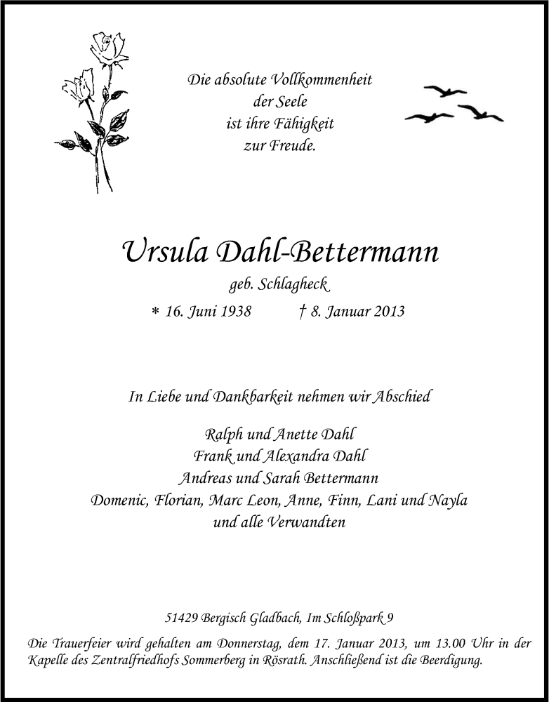  Traueranzeige für Ursula Dahl-Bettermann vom 12.01.2013 aus Kölner Stadt-Anzeiger / Kölnische Rundschau / Express