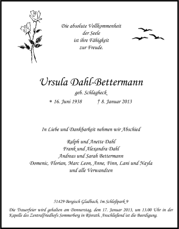 Anzeige von Ursula Dahl-Bettermann von Kölner Stadt-Anzeiger / Kölnische Rundschau / Express