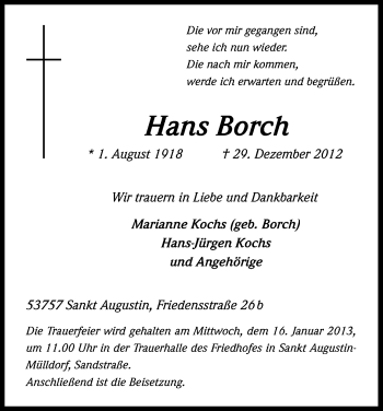 Anzeige von Hans Borch von Kölner Stadt-Anzeiger / Kölnische Rundschau / Express