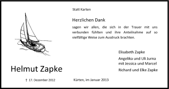 Anzeige von Helmut Zapke von Kölner Stadt-Anzeiger / Kölnische Rundschau / Express