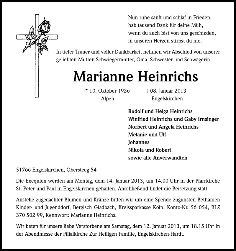  Traueranzeige für Marianne Heinrichs vom 11.01.2013 aus Kölner Stadt-Anzeiger / Kölnische Rundschau / Express