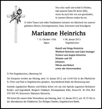 Anzeige von Marianne Heinrichs von Kölner Stadt-Anzeiger / Kölnische Rundschau / Express