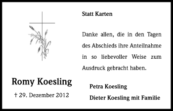 Anzeige von Romy Koesling von Kölner Stadt-Anzeiger / Kölnische Rundschau / Express