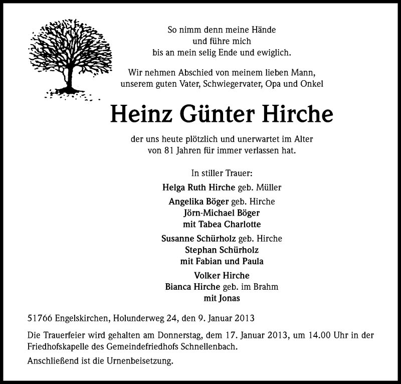  Traueranzeige für Heinz Günter Hirche vom 12.01.2013 aus Kölner Stadt-Anzeiger / Kölnische Rundschau / Express