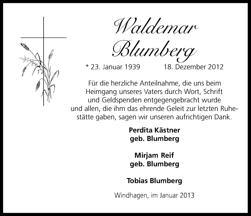  Traueranzeige für Waldemar Blumberg vom 12.01.2013 aus Kölner Stadt-Anzeiger / Kölnische Rundschau / Express