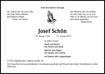 Anzeige von Josef Schön von Kölner Stadt-Anzeiger / Kölnische Rundschau / Express