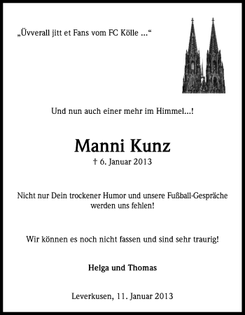 Anzeige von Manfred Kunz von Kölner Stadt-Anzeiger / Kölnische Rundschau / Express