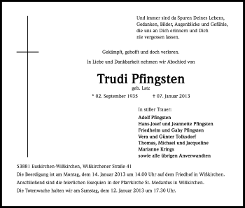 Anzeige von Trudi Pfingsten von Kölner Stadt-Anzeiger / Kölnische Rundschau / Express