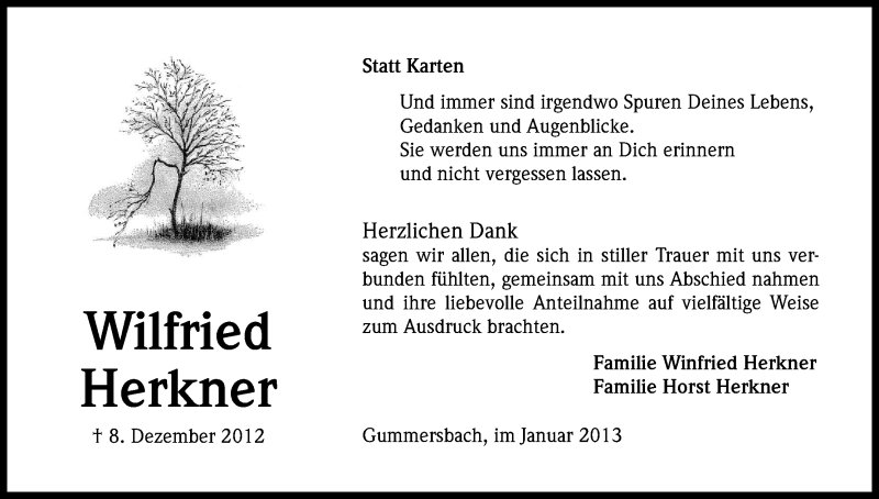  Traueranzeige für Wilfried Herkner vom 12.01.2013 aus Kölner Stadt-Anzeiger / Kölnische Rundschau / Express