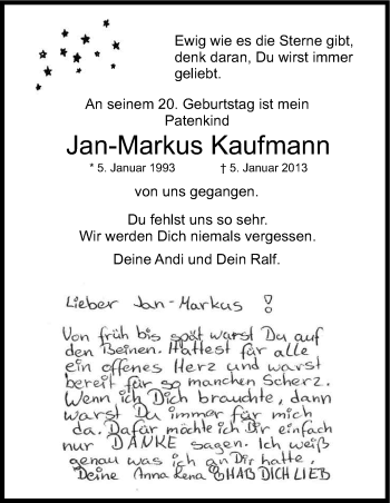 Anzeige von Jan-Markus Kaufmann von Kölner Stadt-Anzeiger / Kölnische Rundschau / Express