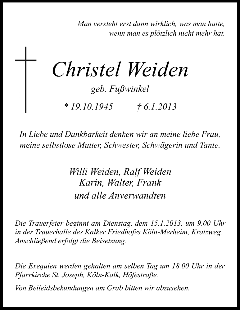  Traueranzeige für Christel Weiden vom 12.01.2013 aus Kölner Stadt-Anzeiger / Kölnische Rundschau / Express