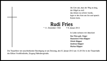 Anzeige von Rudi Fries von Kölner Stadt-Anzeiger / Kölnische Rundschau / Express