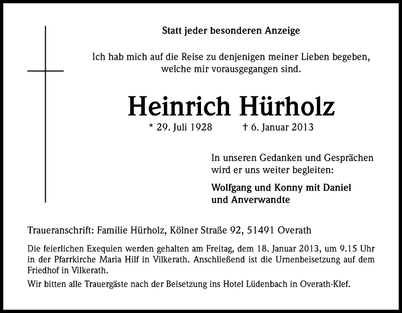  Traueranzeige für Heinrich Hürholz vom 12.01.2013 aus Kölner Stadt-Anzeiger / Kölnische Rundschau / Express