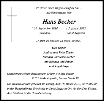 Anzeige von Hans Becker von Kölner Stadt-Anzeiger / Kölnische Rundschau / Express