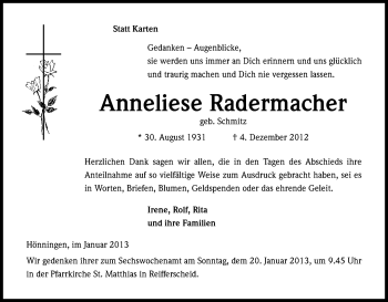 Anzeige von Anneliese Radermacher von Kölner Stadt-Anzeiger / Kölnische Rundschau / Express