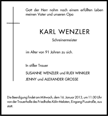 Anzeige von Karl Wenzler von Kölner Stadt-Anzeiger / Kölnische Rundschau / Express