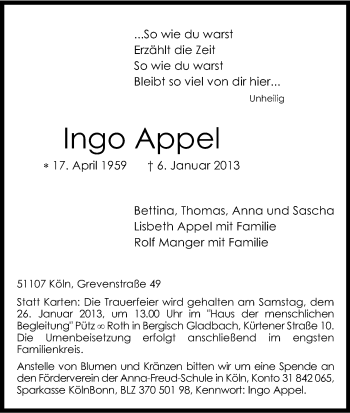Anzeige von Ingo Appel von Kölner Stadt-Anzeiger / Kölnische Rundschau / Express