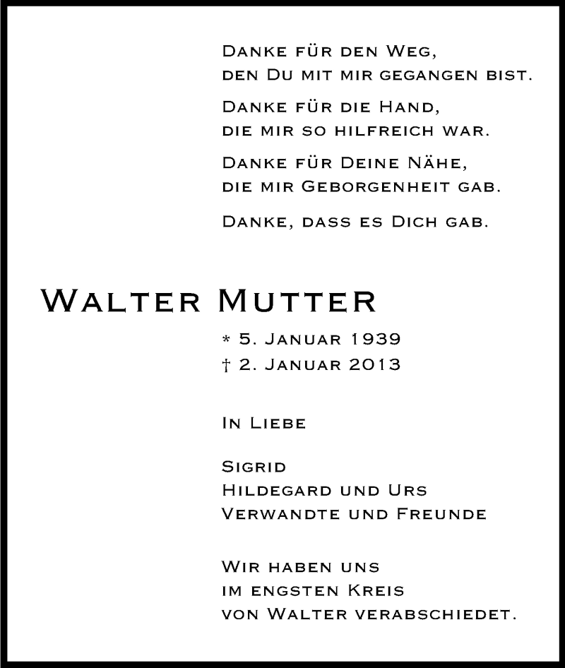  Traueranzeige für Walter Mutter vom 14.01.2013 aus Kölner Stadt-Anzeiger / Kölnische Rundschau / Express