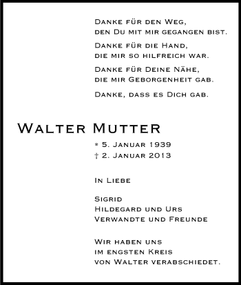 Anzeige von Walter Mutter von Kölner Stadt-Anzeiger / Kölnische Rundschau / Express