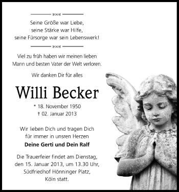 Anzeige von Willi Becker von Kölner Stadt-Anzeiger / Kölnische Rundschau / Express