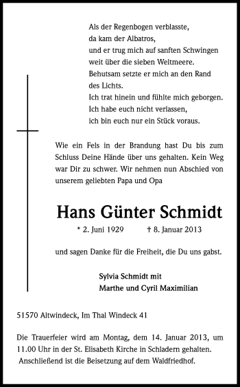Anzeige von Hans Günter Schmidt von Kölner Stadt-Anzeiger / Kölnische Rundschau / Express