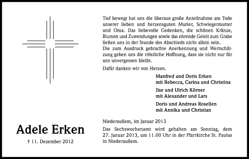  Traueranzeige für Adele Erken vom 19.01.2013 aus Kölner Stadt-Anzeiger / Kölnische Rundschau / Express