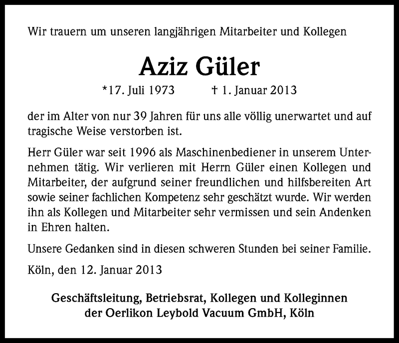  Traueranzeige für Aziz Güler vom 12.01.2013 aus Kölner Stadt-Anzeiger / Kölnische Rundschau / Express