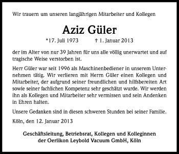Anzeige von Aziz Güler von Kölner Stadt-Anzeiger / Kölnische Rundschau / Express