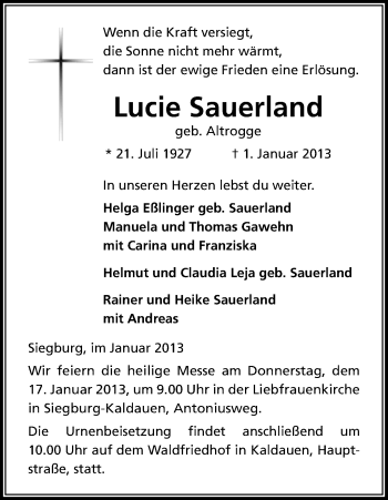 Anzeige von Lucie Sauerland von Kölner Stadt-Anzeiger / Kölnische Rundschau / Express