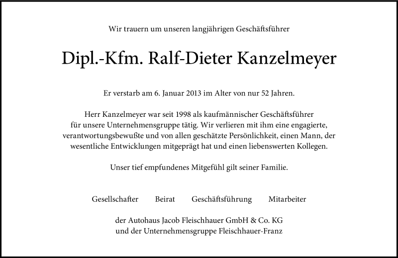  Traueranzeige für Ralf-Dieter Kanzelmeyer vom 11.01.2013 aus Kölner Stadt-Anzeiger / Kölnische Rundschau / Express