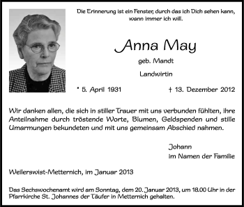 Anzeige von Anna May von Kölner Stadt-Anzeiger / Kölnische Rundschau / Express