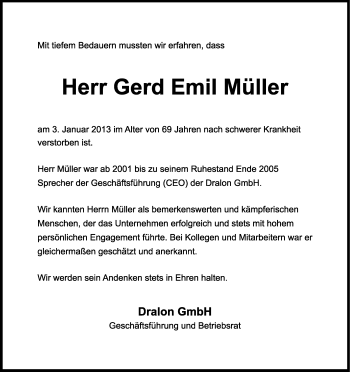 Anzeige von Gerd Emil Müller von Kölner Stadt-Anzeiger / Kölnische Rundschau / Express