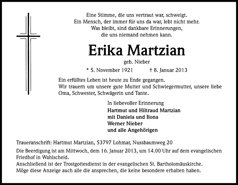  Traueranzeige für Erika Martzian vom 12.01.2013 aus Kölner Stadt-Anzeiger / Kölnische Rundschau / Express