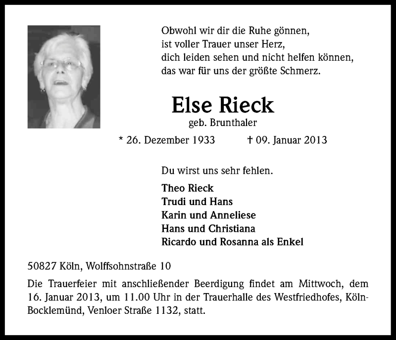  Traueranzeige für Else Rieck vom 12.01.2013 aus Kölner Stadt-Anzeiger / Kölnische Rundschau / Express