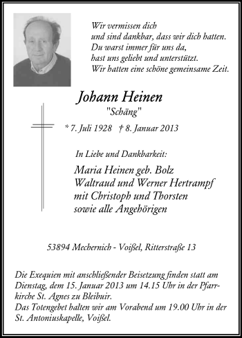 Anzeige von Johann Heinen von Kölner Stadt-Anzeiger / Kölnische Rundschau / Express