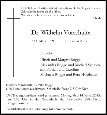 Anzeige von Wilhelm Vorschulte von Kölner Stadt-Anzeiger / Kölnische Rundschau / Express