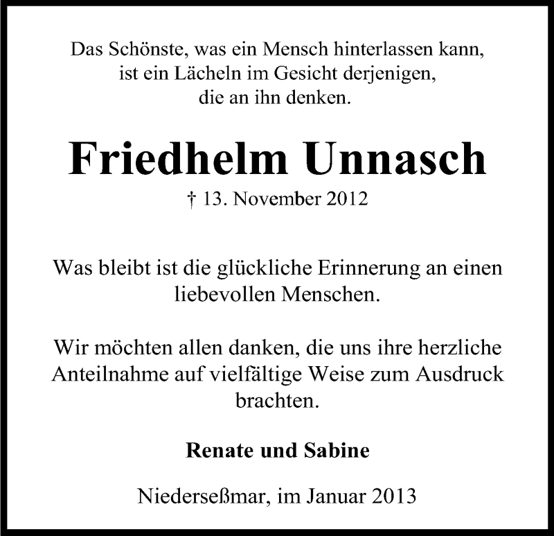 Traueranzeige für Friedhelm Unnasch vom 12.01.2013 aus Kölner Stadt-Anzeiger / Kölnische Rundschau / Express