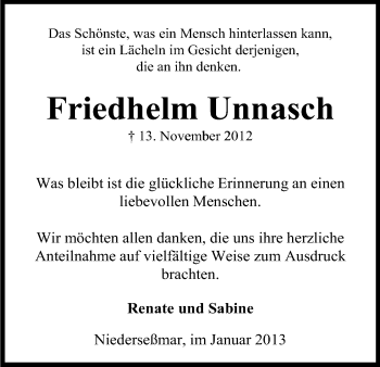 Anzeige von Friedhelm Unnasch von Kölner Stadt-Anzeiger / Kölnische Rundschau / Express