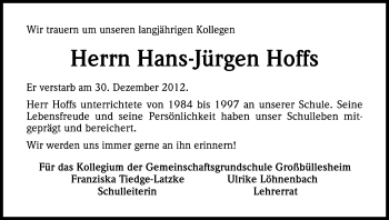 Anzeige von Hans-Jürgen Hoffs von Kölner Stadt-Anzeiger / Kölnische Rundschau / Express