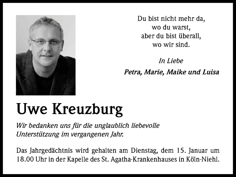  Traueranzeige für Uwe Kreuzburg vom 12.01.2013 aus Kölner Stadt-Anzeiger / Kölnische Rundschau / Express